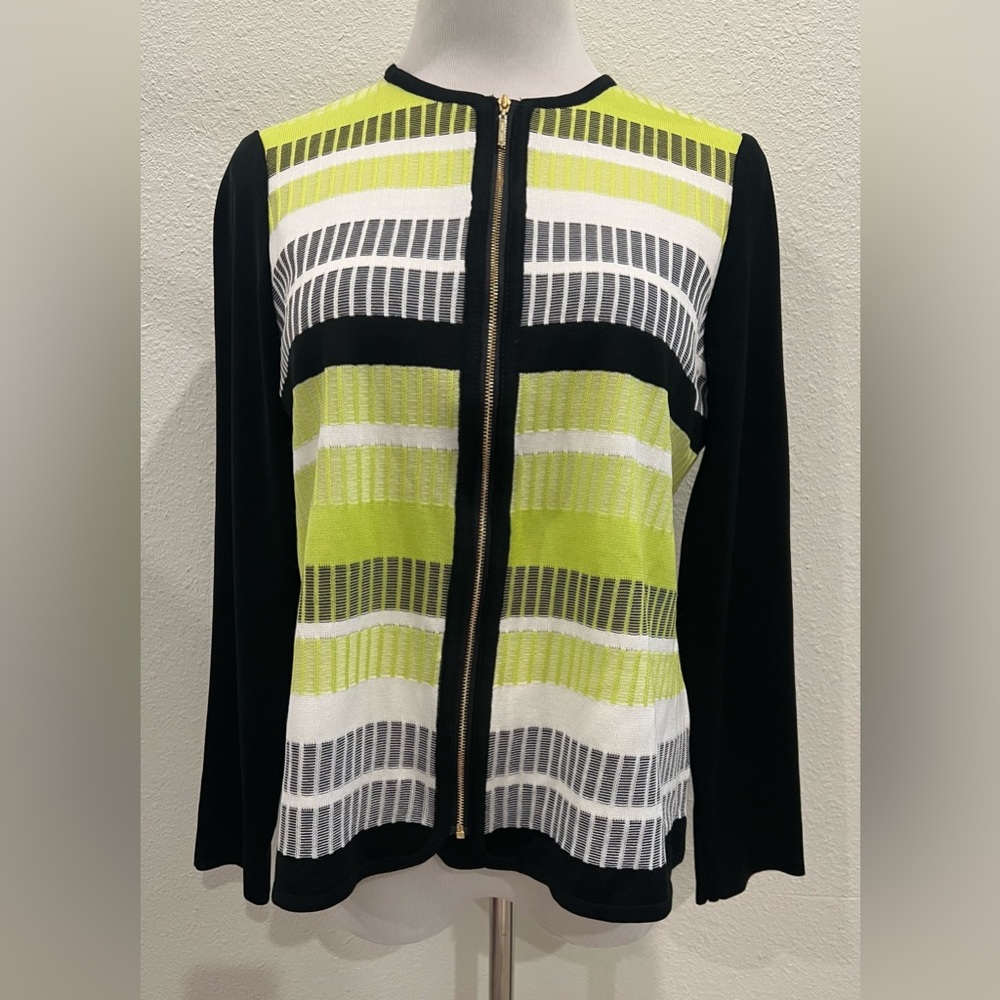 Ming Wang Women's Long Sleeve Jacket Small Green Black Acrylic Stripe Full Zip